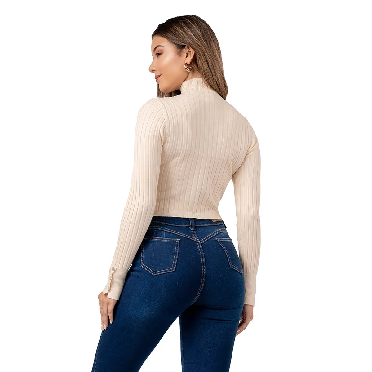 INDEMA - Chompa Crop Cuello Alto de Cashemira Color Crema