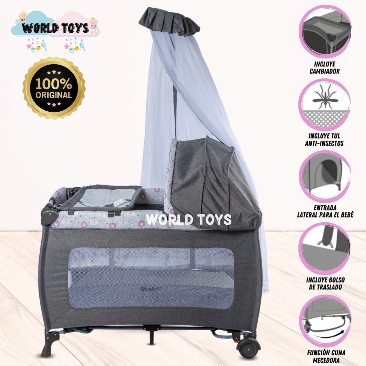 EBABY - Cuna Corral de Lujo «KENDALL» Edición Limitada Gray-Pink