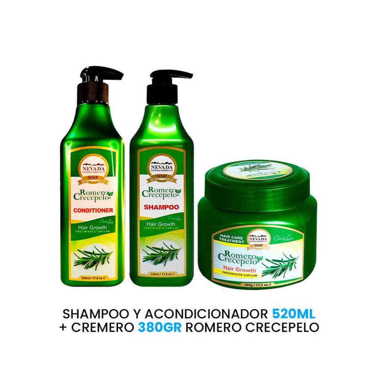 NEVADA NATURAL PRODUCTS - Shampoo y Acondicionador 520ml + Cremero 380Gr Romero Crecepelo