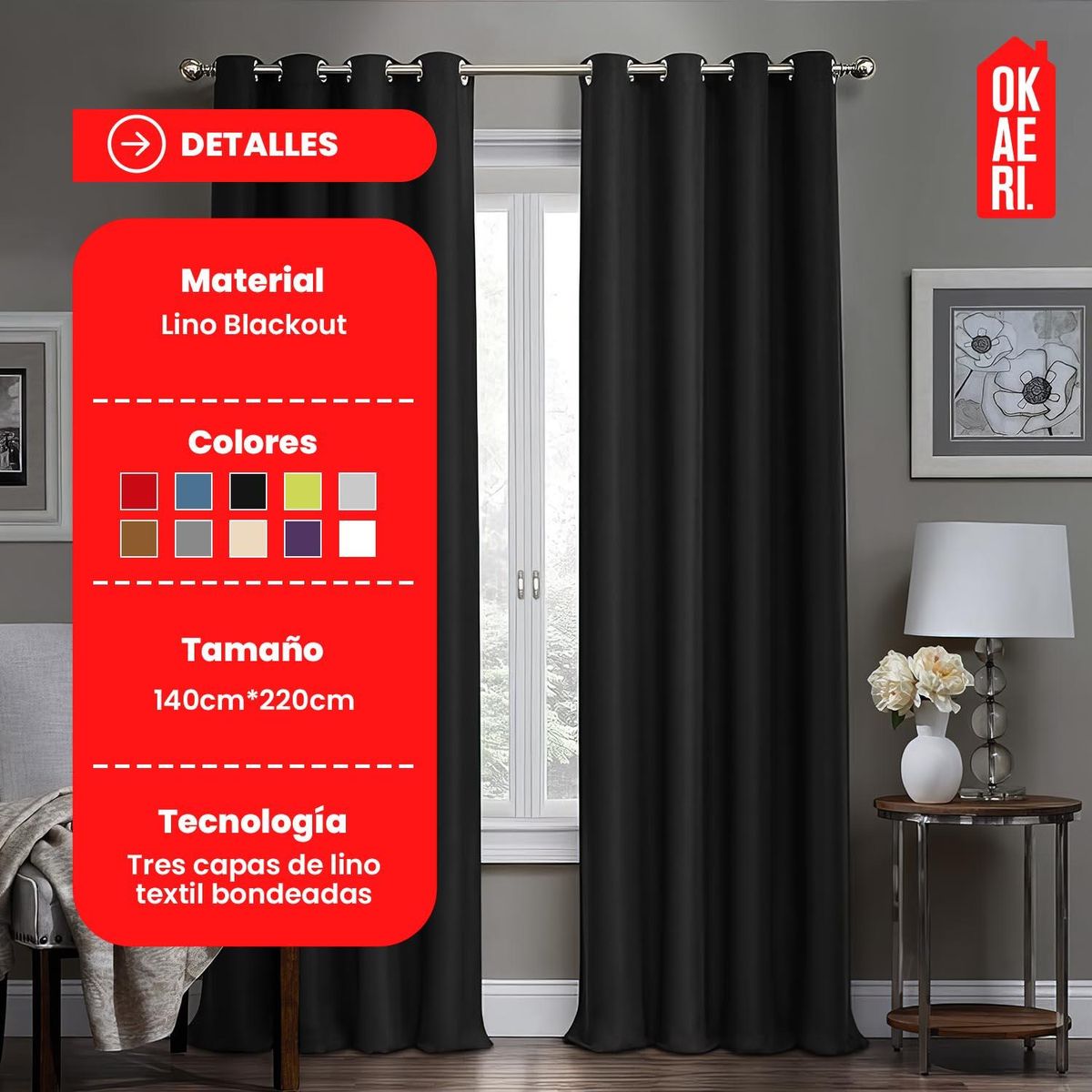 GENERICO - Cortina Blackout 100% Lino Textura Térmica Engomada - Gris
