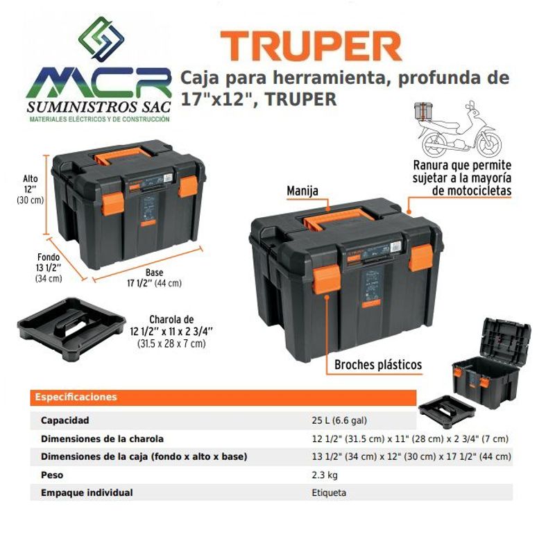 TRUPER - Cajuela para moto capacidad 30kg Maleta para moto TRUPER