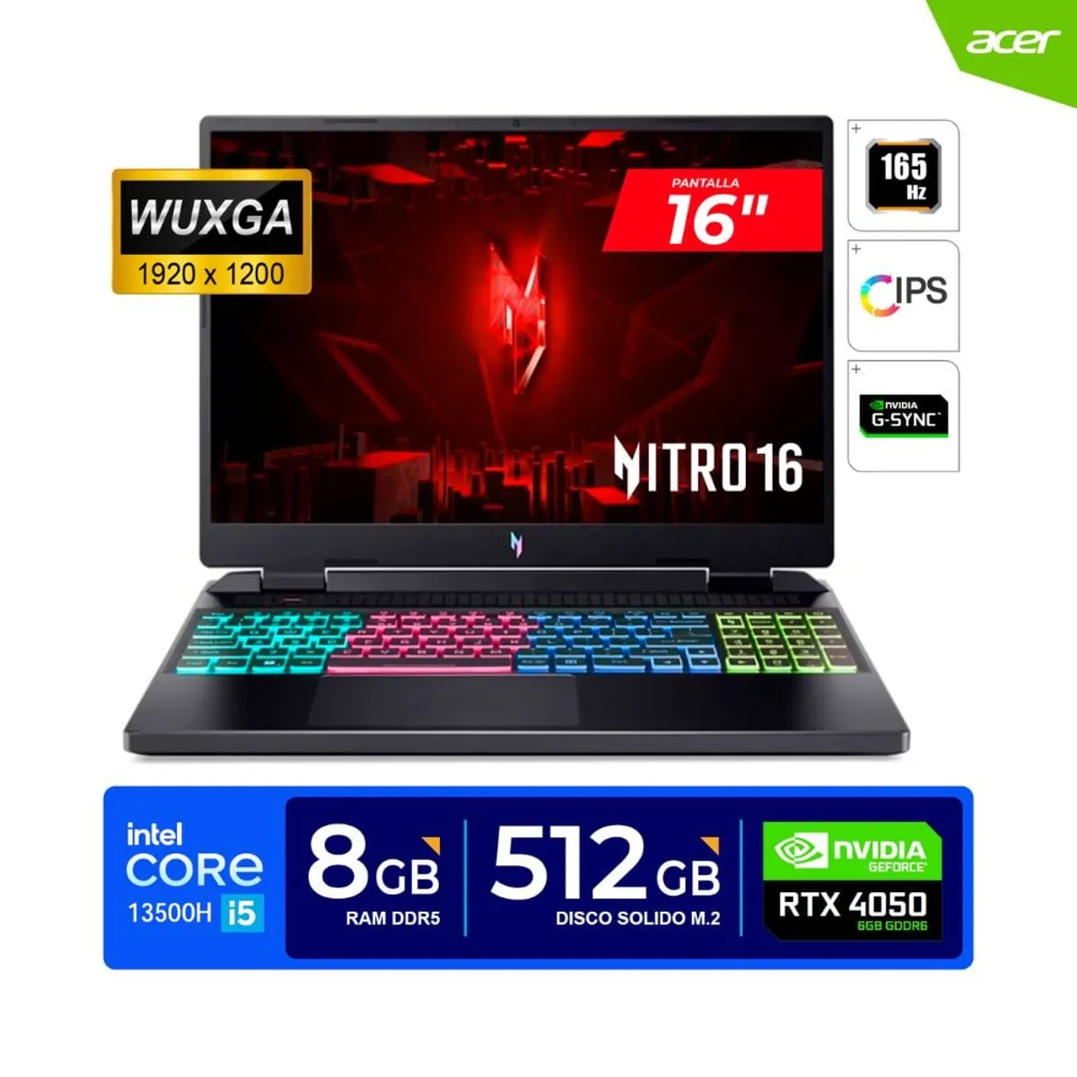 ACER - LAPTOP ACER NITRO 16 16" WUXGA 165Hz Core i5 13500H 4.70GHz 8GB DDR5 512GB RTX4050 6GB
