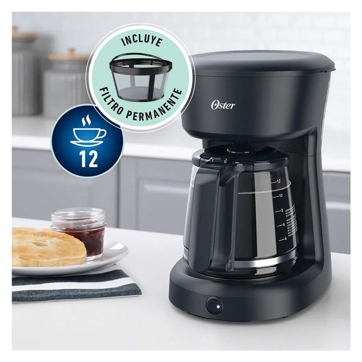 OSTER - CAFETERA OSTER 12 tazas con filtro permanente BVSTDCS12B NEGRO
