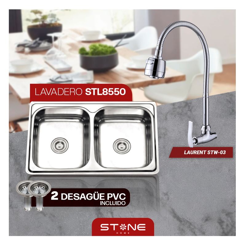 STONE - COMBO DE LAVADERO DE ACERO PRIME STL8550 + GRIFERIA GANSO