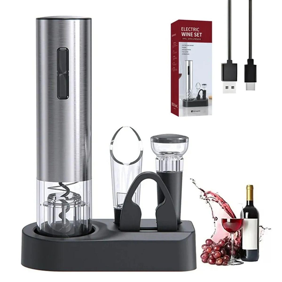 GENERICO - Sacacorchos Eléctrico Recargable Mas Base y Accesorios Para Vino