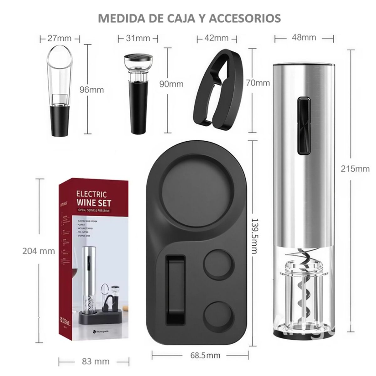 GENERICO - Sacacorchos Eléctrico Recargable Mas Base y Accesorios Para Vino