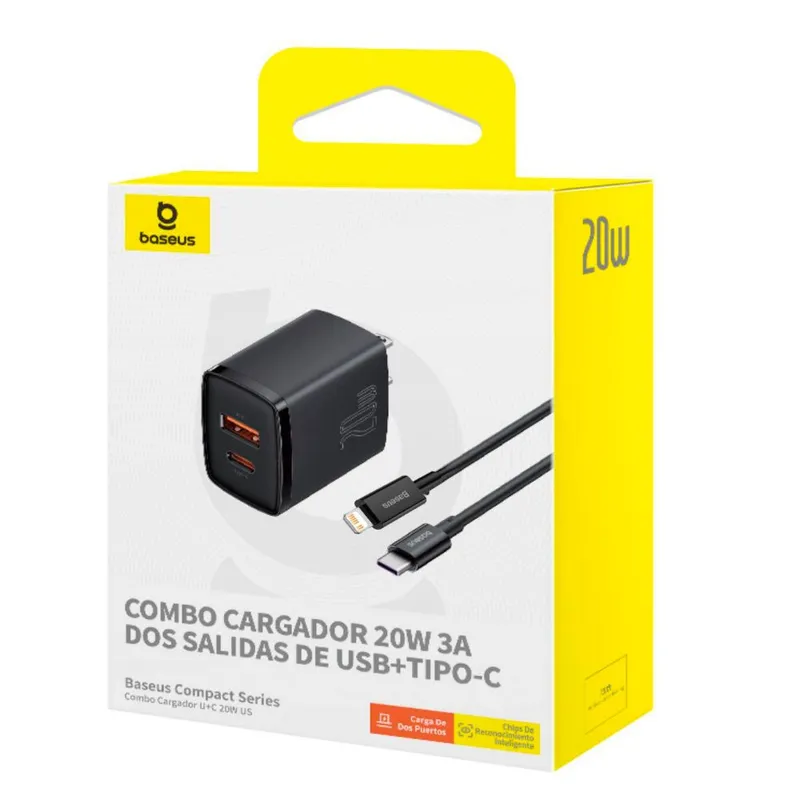 BASEUS - Cargador Baseus 20W Carga Rapida Dual + Cable Lightning Iphone