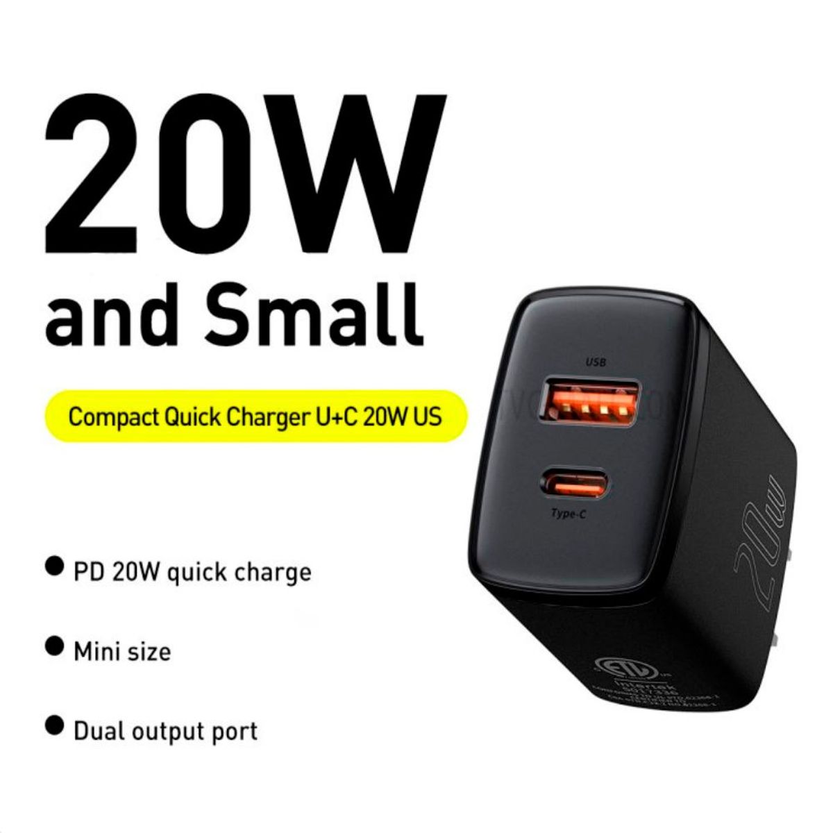 BASEUS - Cargador De Pared Baseus Dual Usb + Tipo C 20w Android y IOS Negro