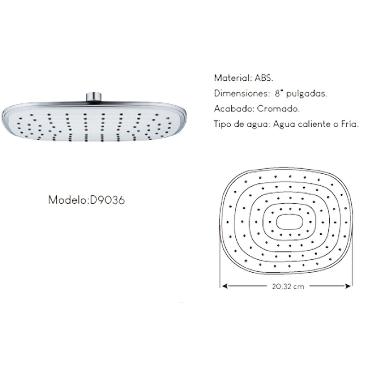 XM - Cabezal Ducha Española 8" para agua caliente y fría Cromada