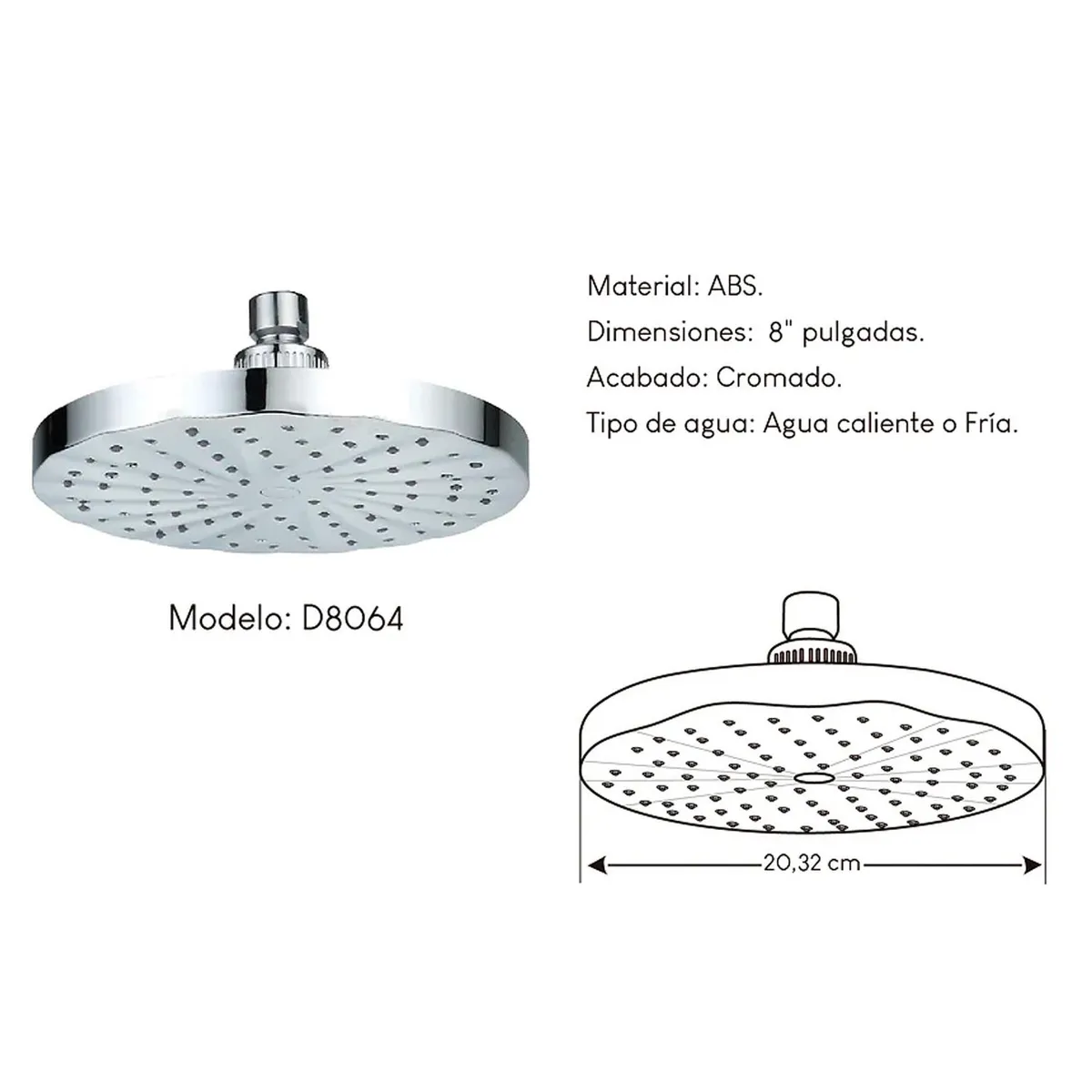 GENERICO - Difusor Cabeza Ducha Española 8" para agua caliente y fría