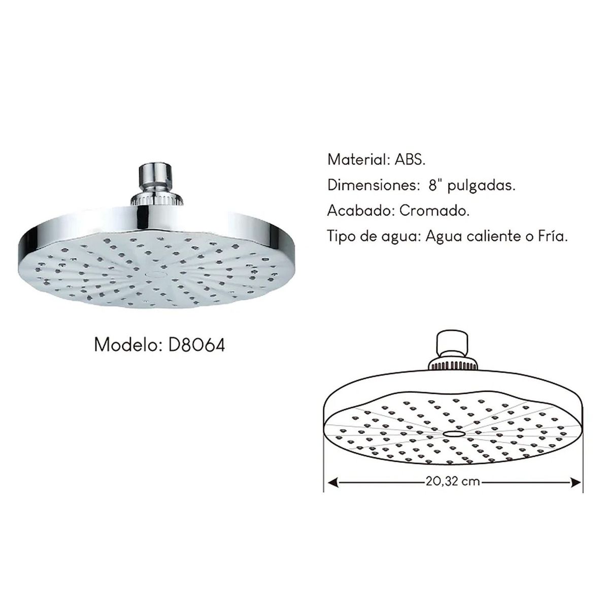 GENERICO - Difusor Cabeza Ducha Española 8" para agua caliente y fría