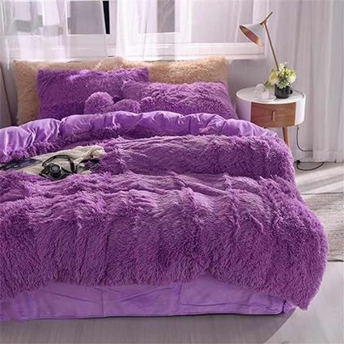 GENERICO - EDREDÓN PIEL DE OSO PLAZA Y MEDIA + 1 FUNDAS DE ALMOHADA MORADO