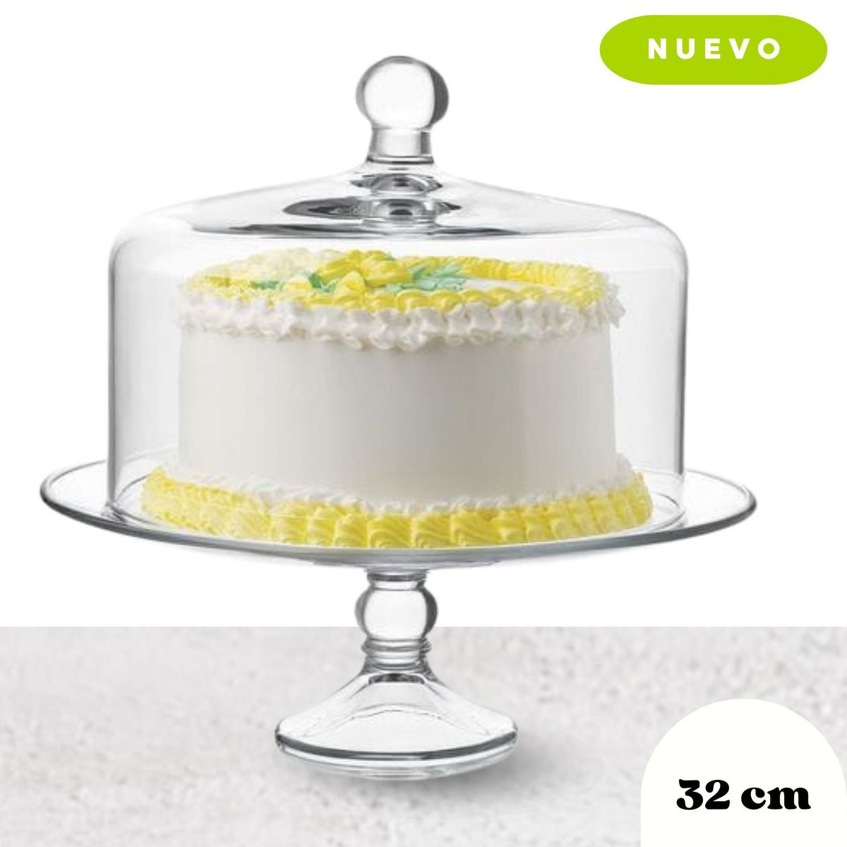 GENERICO - Porta Torta de Vidrio con Tapa de Vidrio 32cm