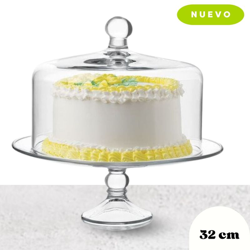 GENERICO - Porta Torta de Vidrio con Tapa de Vidrio 32cm