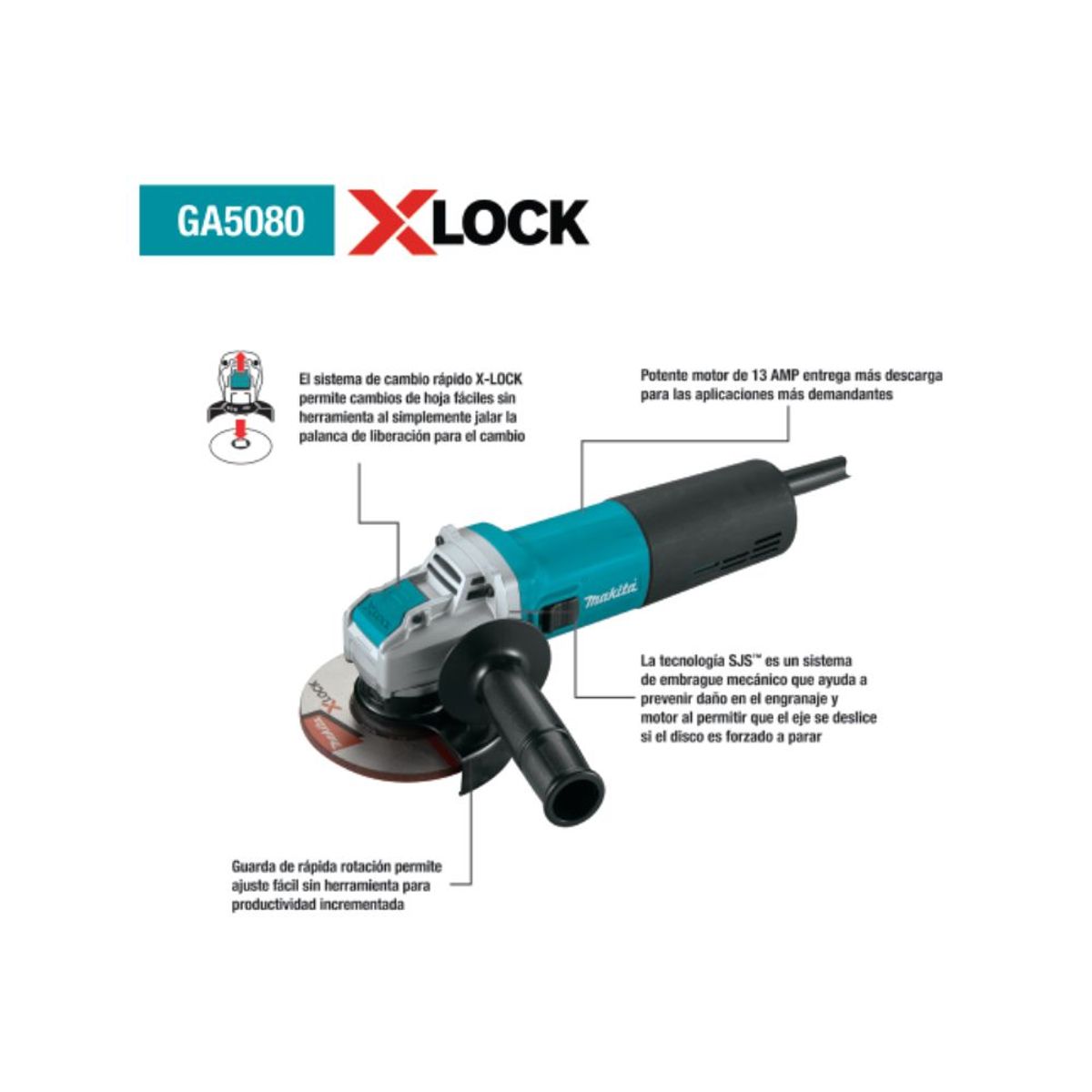 Esmeriladora Angular Makita GA5080 X-LOCK  5” 1400W con SJS, marca MAKITA - Foto 2