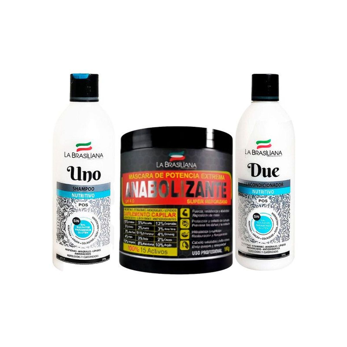 LA BRASILIANA - Uno 500Gr + Due 500Gr + Máscara Anabolizante para cabello 1Kl