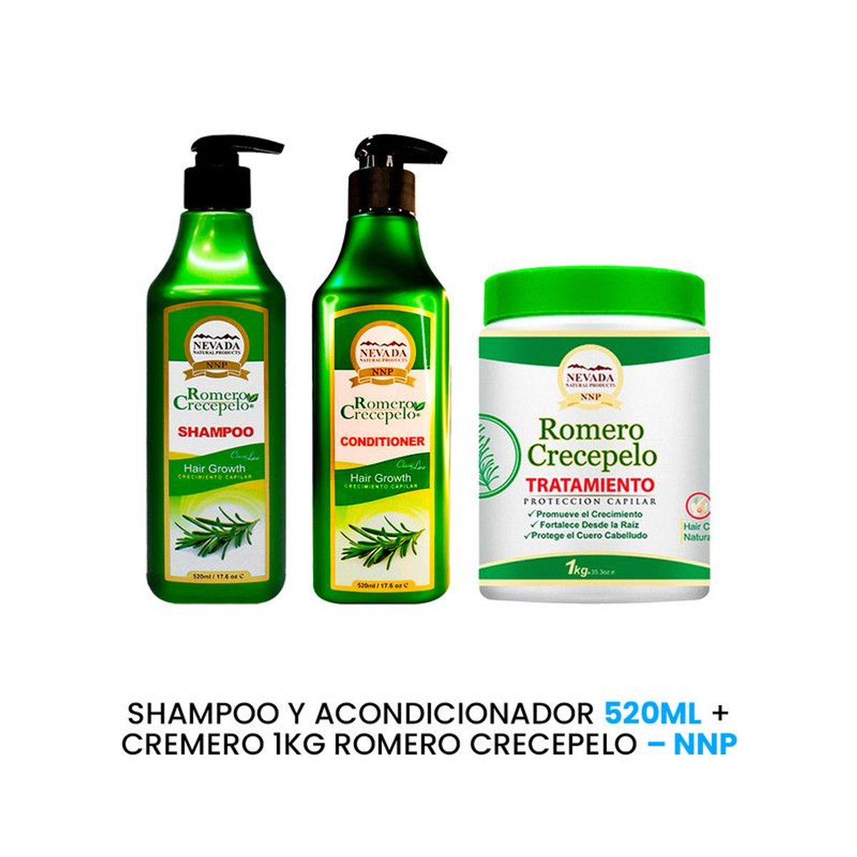 NEVADA NATURAL PRODUCTS - Shampoo y Acondicionador 520ml + Cremero 1Kg Romero Crecepelo