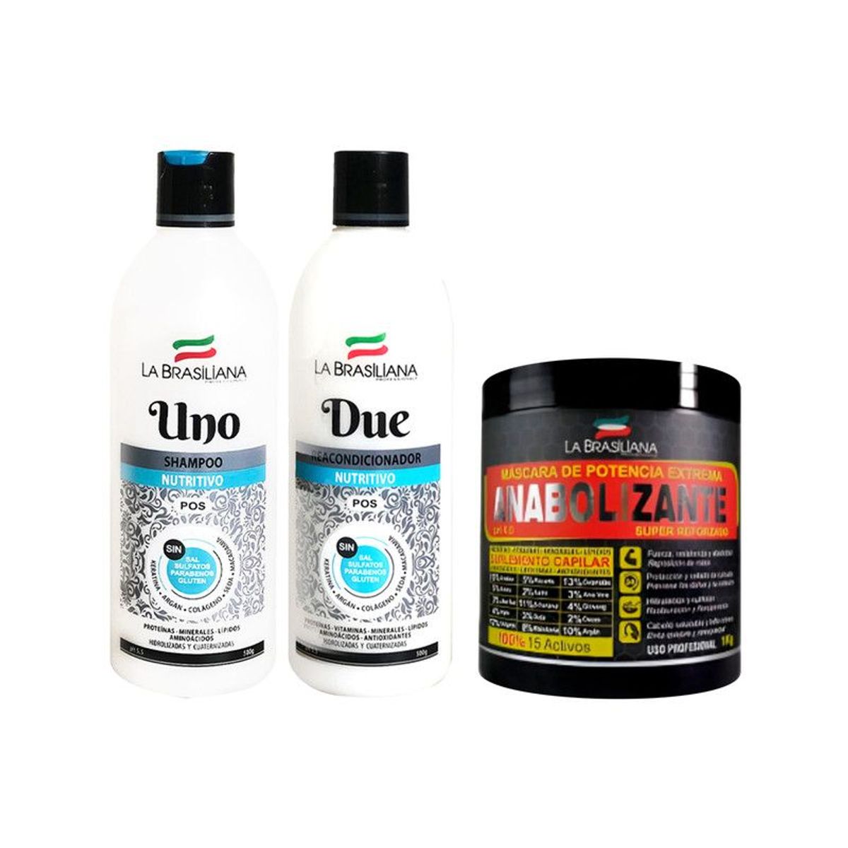 LA BRASILIANA - Shampoo uno + Reacondicionador due + Máscara anaboliza La Brasiliana