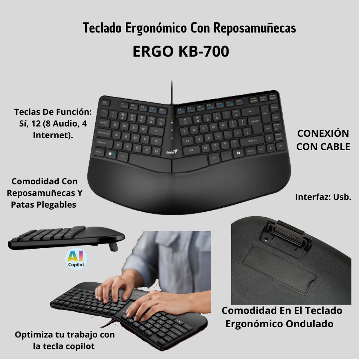 GENIUS - Teclado Ergo Reposa Manos Kb700 tecla Copilot