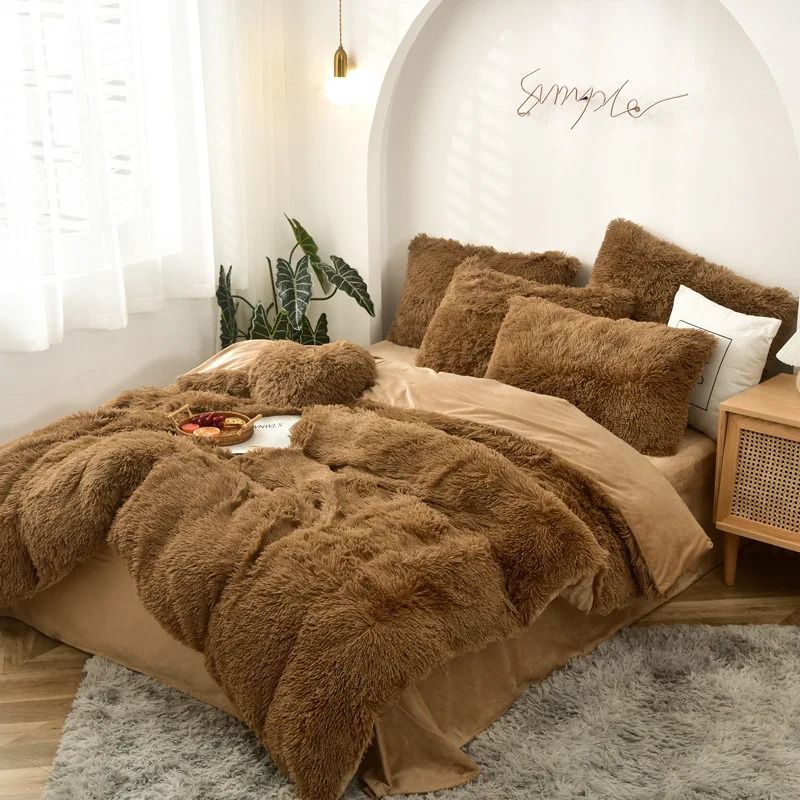 GENERICO - EDREDÓN PIEL DE OSO PLAZA Y MEDIA + 1 FUNDAS DE ALMOHADA CAMELLO