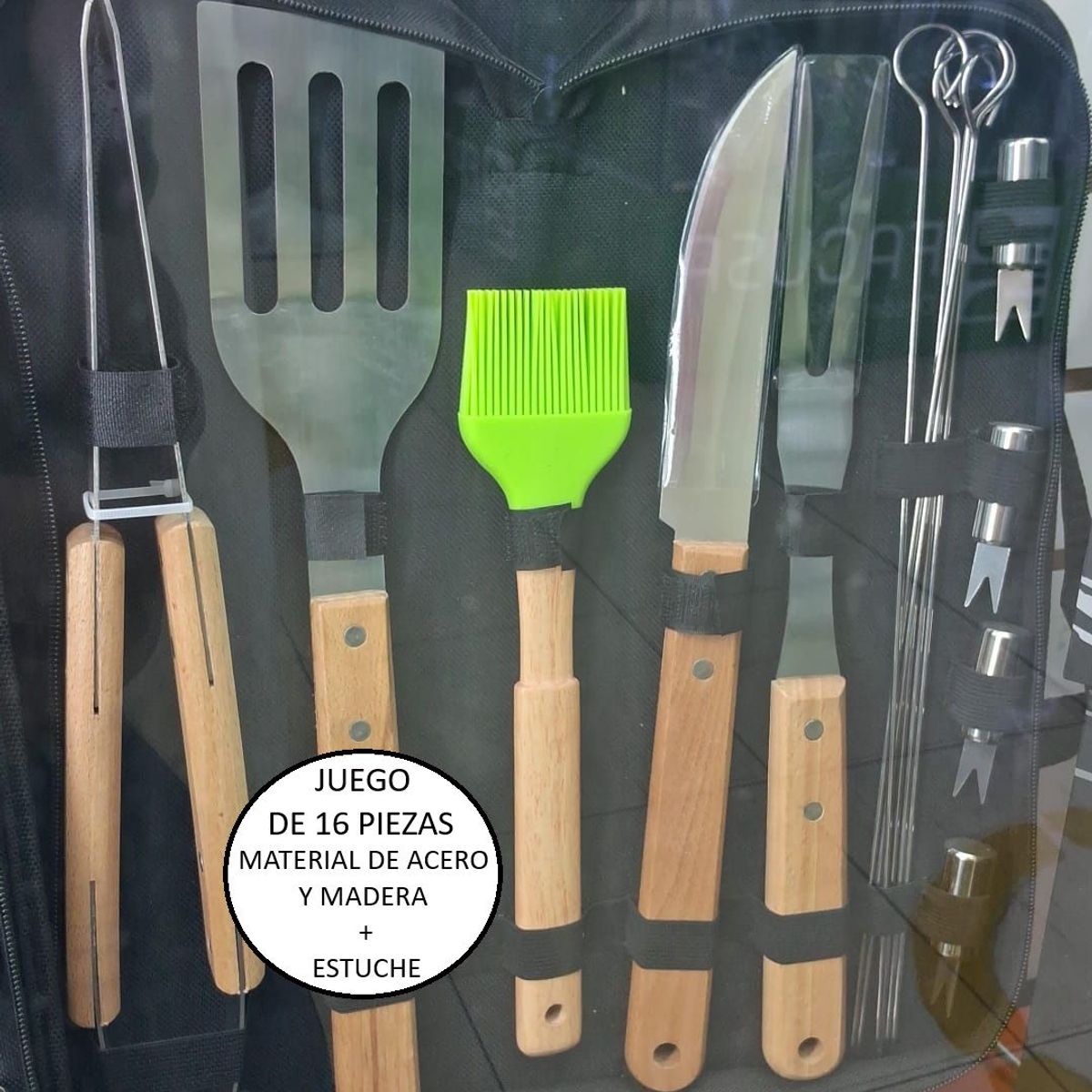 IMPORTADO MC - Set de Utensilios x 16 para Parrilla BBQ con Estuche