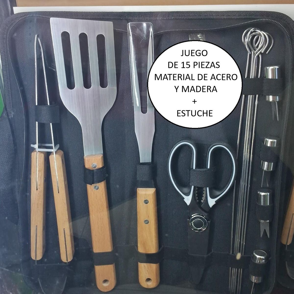 GENERICO - Set de Utensilios x 15 para Parrilla BBQ con Estuche