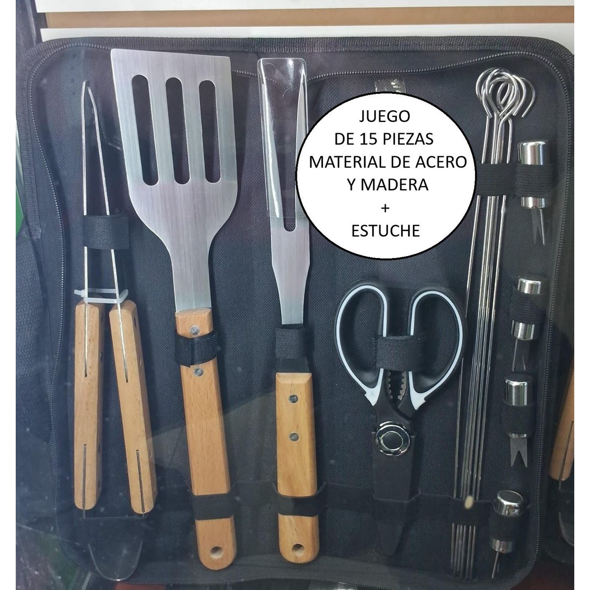 GENERICO - Set de Utensilios x 15 para Parrilla BBQ con Estuche