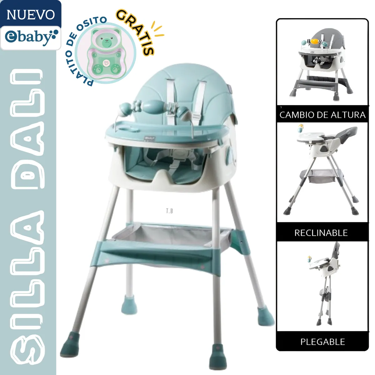 EBABY - SILLA DE COMER PARA BEBE VERDE DALI + PLATITO - EBABY