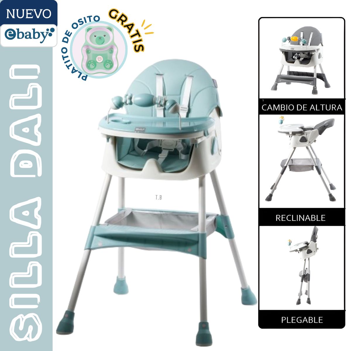 EBABY - SILLA DE COMER PARA BEBE VERDE DALI + PLATITO - EBABY