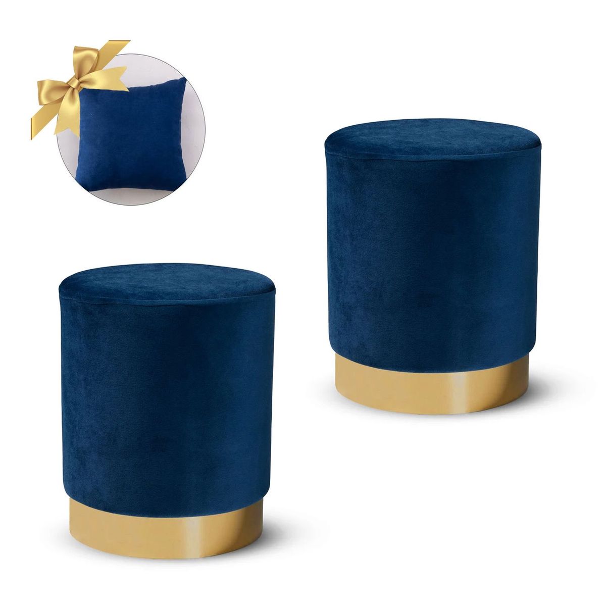 GENERICO - 2 Puff Siena Redondo con Base Metálica Azul + 1 Cojín