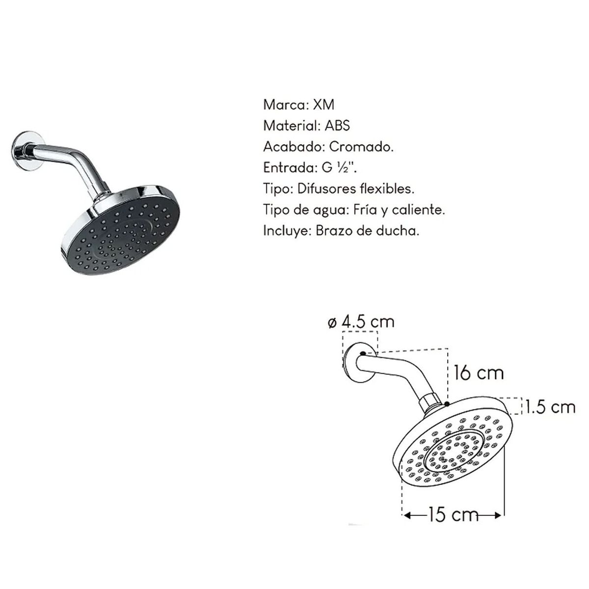 GENERICO - Difusor Cabeza Ducha Española 6" para agua caliente y fría
