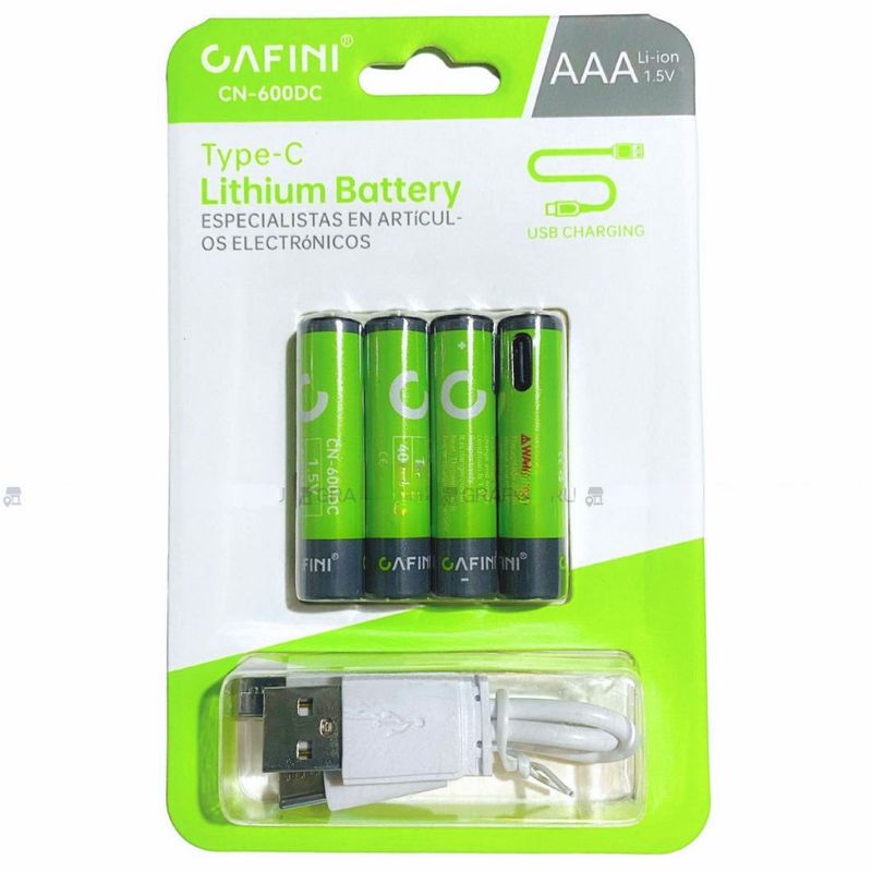 CAFINI - Pilas recargables AAA  Pack de 4 unidades Carga tipo C-1000 Ciclos