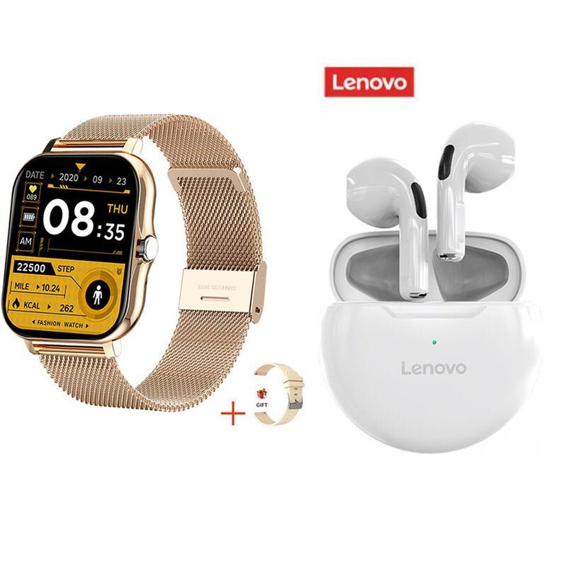 LENOVO - Relojes inteligentes 183 pulgadas Dorado y combo Lenovo HT38 Blanco