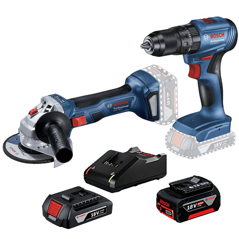 BOSCH - Taladro Percutor GSB 185-LI + Amoladora GWS 180-LI +2 Bat + Carg Bosch