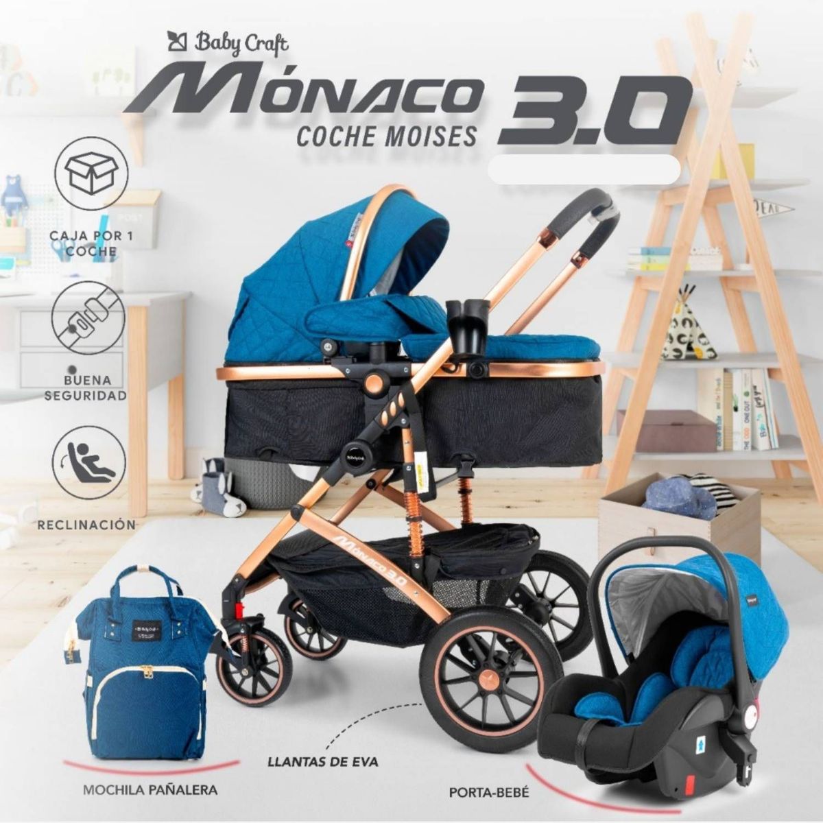 HI BABY - Coche Mónaco con Porta bebe + Pañalera