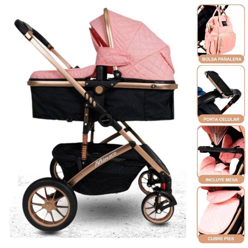 HI BABY - Coche Cuna Moises Monaco + Pañalera Rosado
