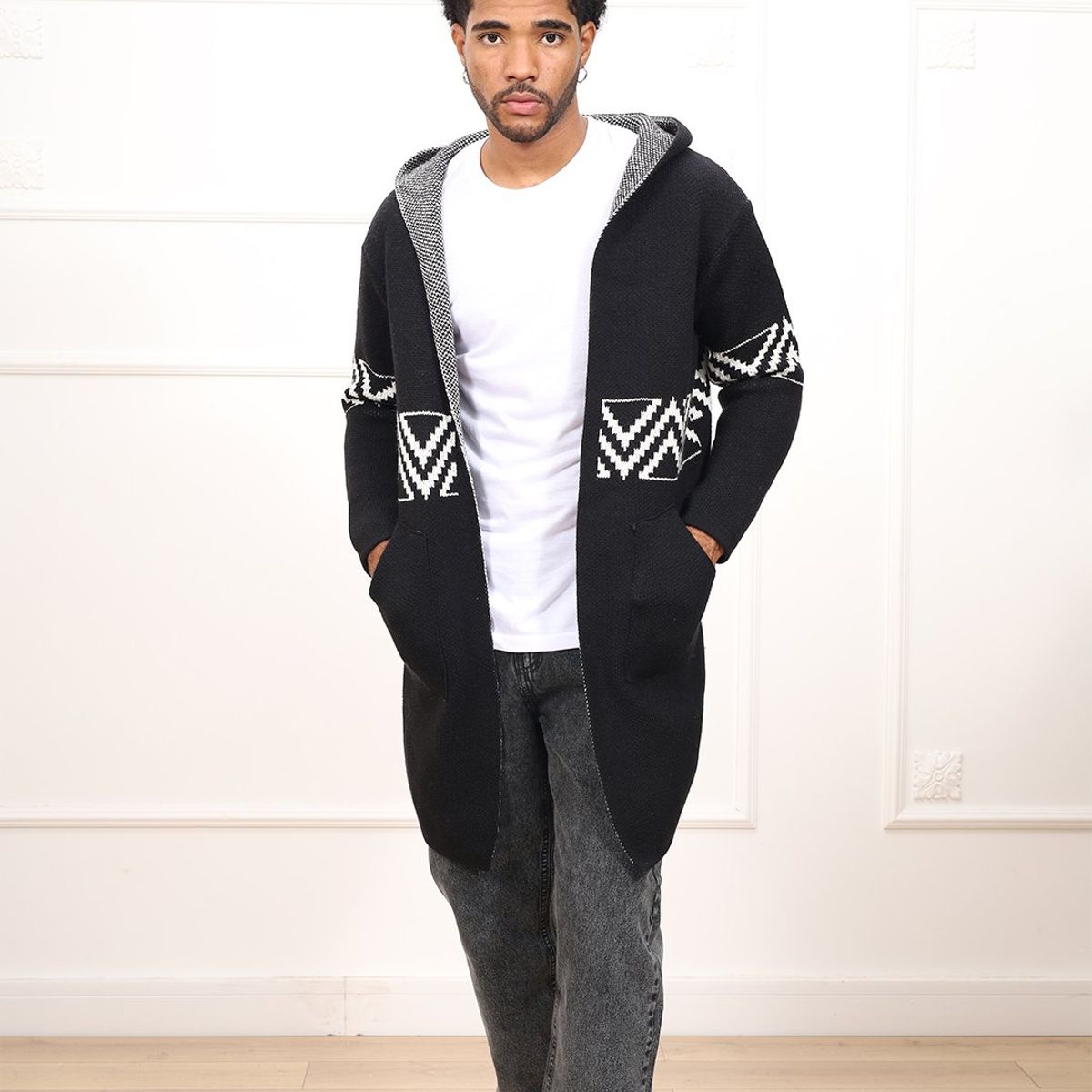 DM DEXMEN - Abrigo Dexmen Tejido Fred con Diseño Negro