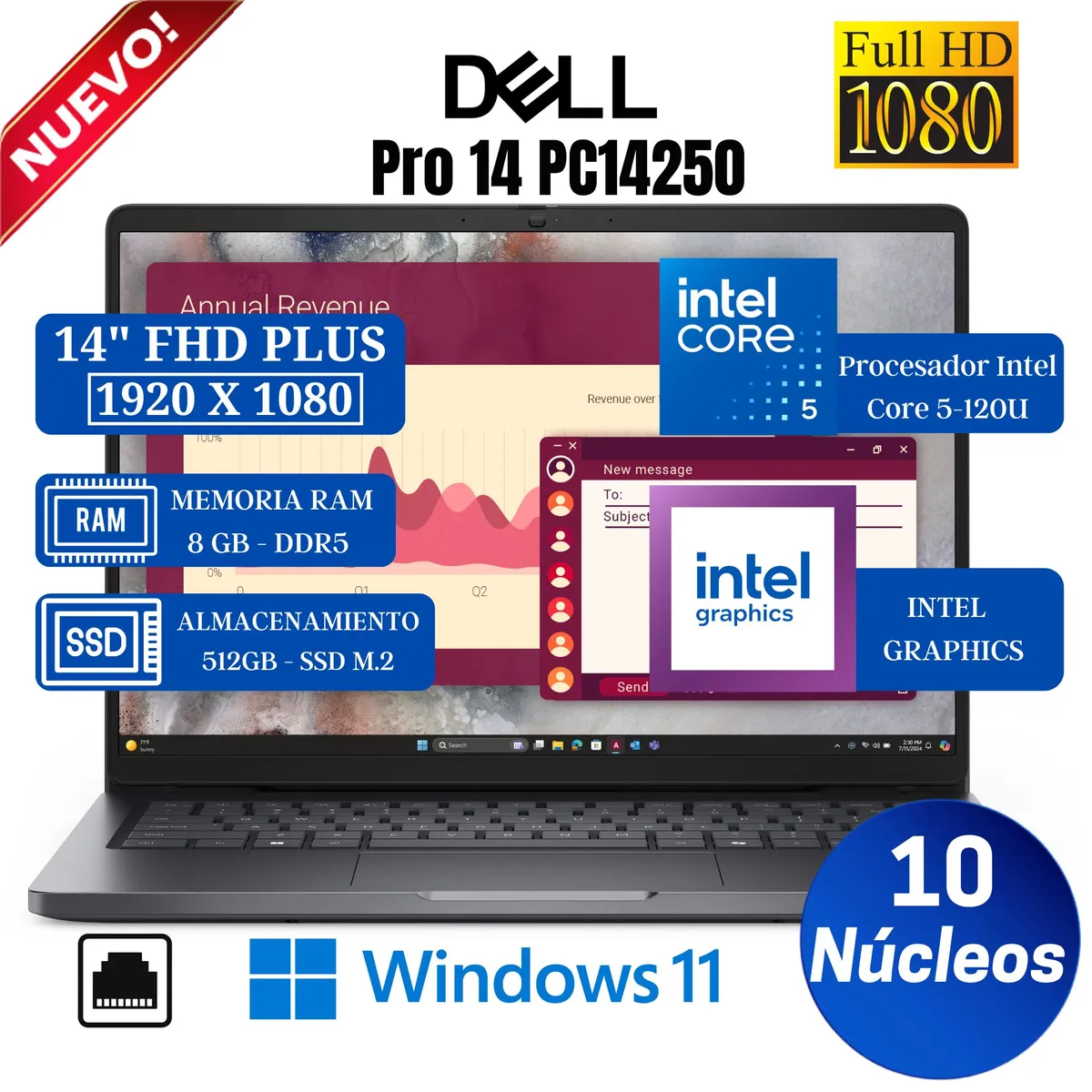 DELL - Laptop Dell Pro 14 PC14250 14" FHD Plus, Intel Core 5-120U, Ram 8GB, 512 SSD, Win 11 Pro