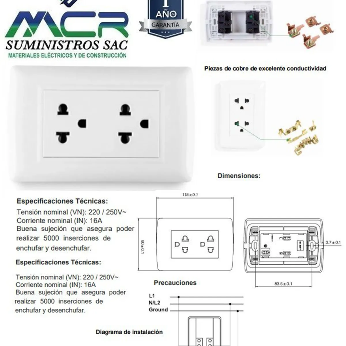 GENERICO - Tomacorriente Doble + tierra universal