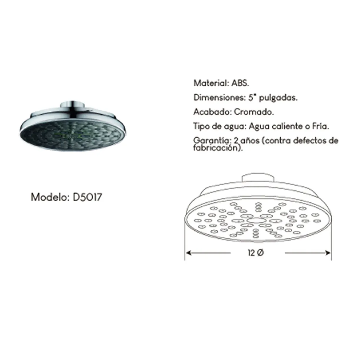 GENERICO - Difusor Cabeza Ducha Española 5" para agua caliente y fría