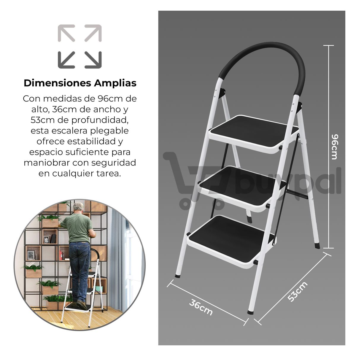 BUYPAL - Escalera Plegable 3 Pasos Resistente y Antideslizante