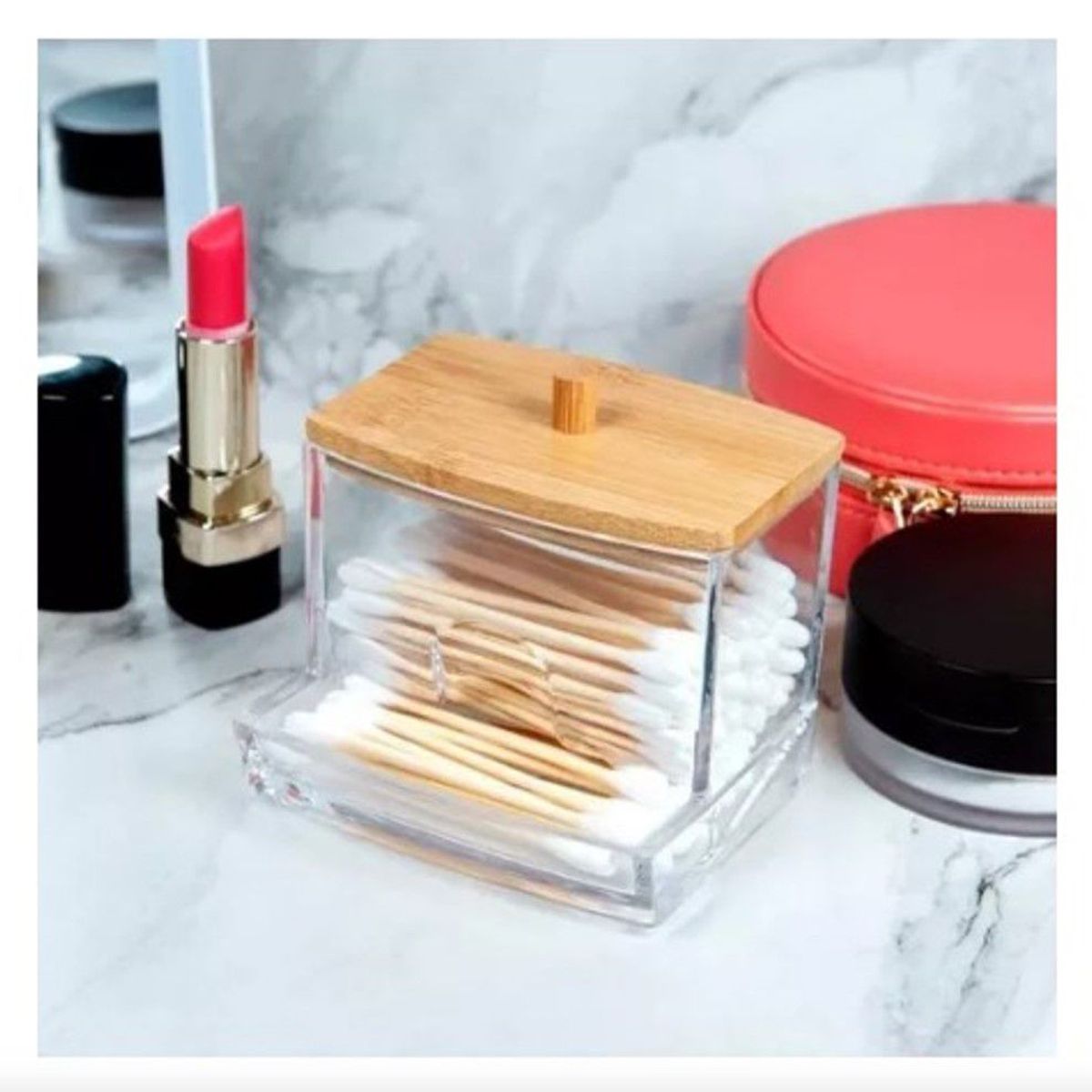 GENERICO - Organizador De Hisopos Acrilico Con Tapa Madera