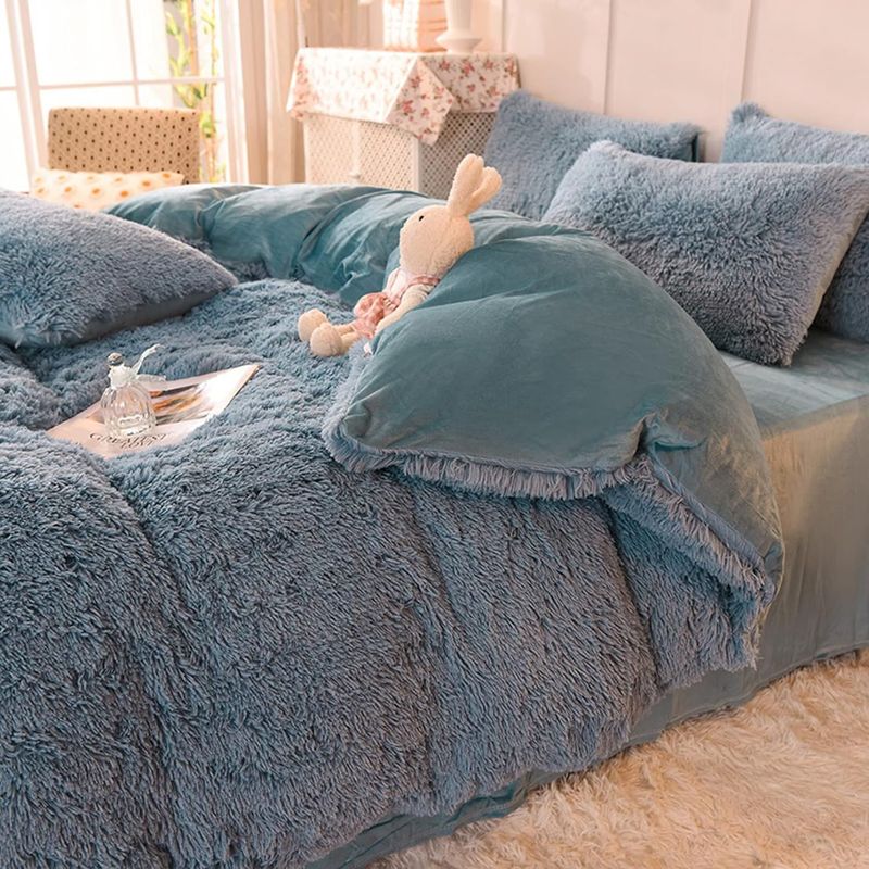 GENERICO - EDREDÓN PIEL DE OSO PLAZA Y MEDIA + 1 FUNDAS DE ALMOHADA VERDE CEMENTO