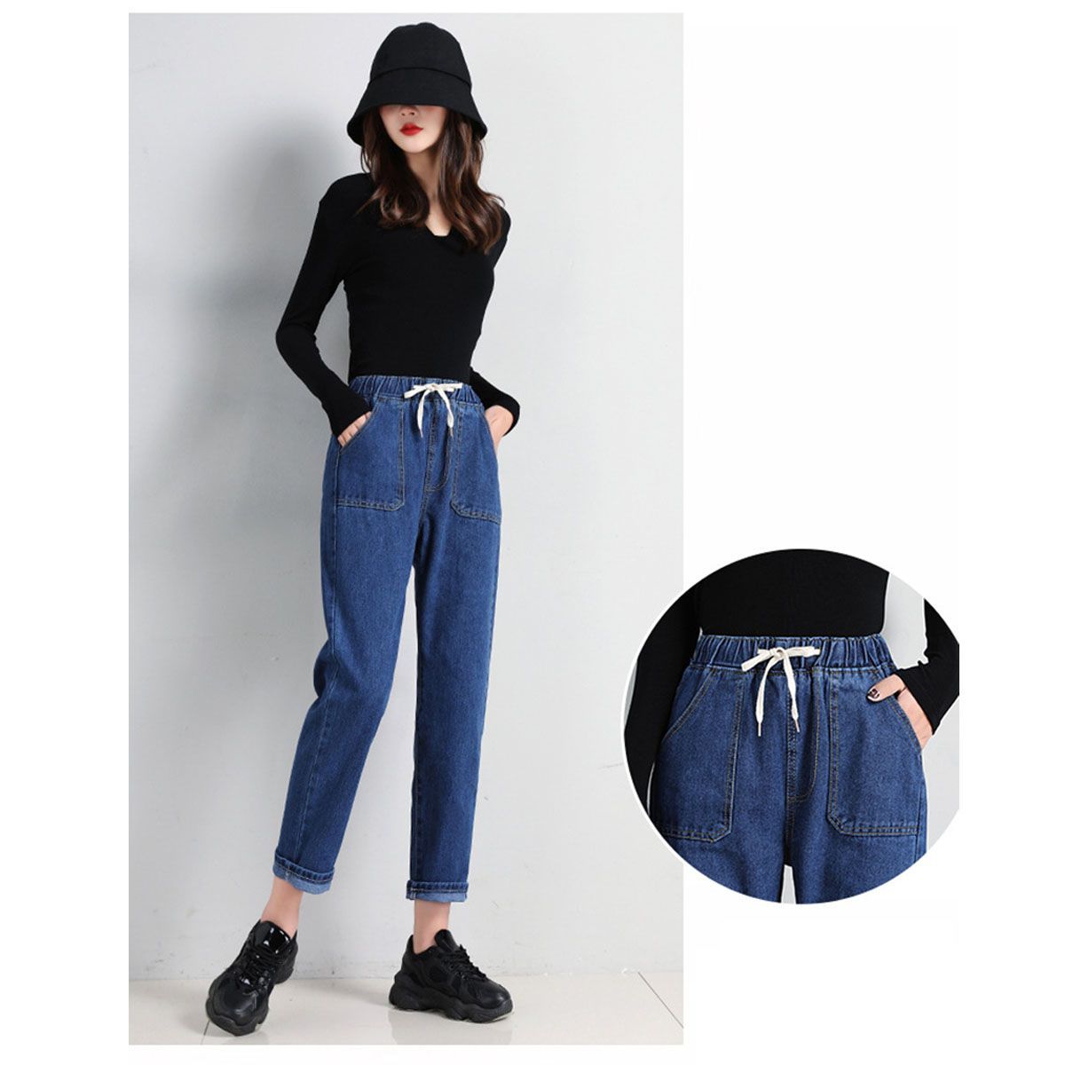 42AROZINA - Pantalones Harem de mezclilla con cintura elástica de moda para mujer