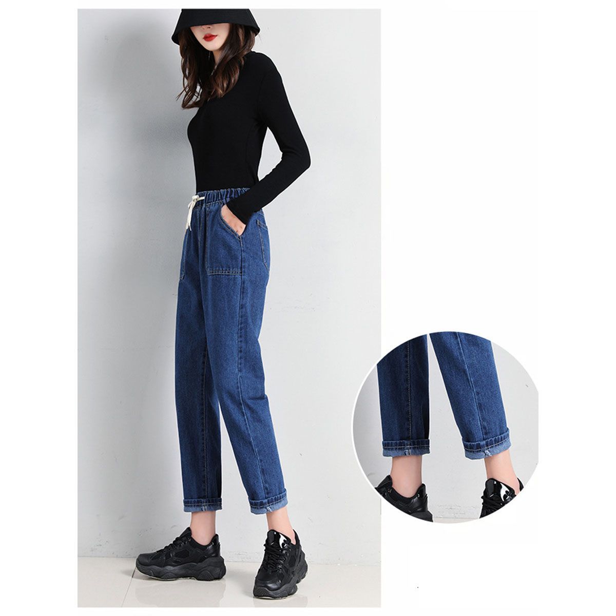 42AROZINA - Pantalones Harem de mezclilla con cintura elástica de moda para mujer