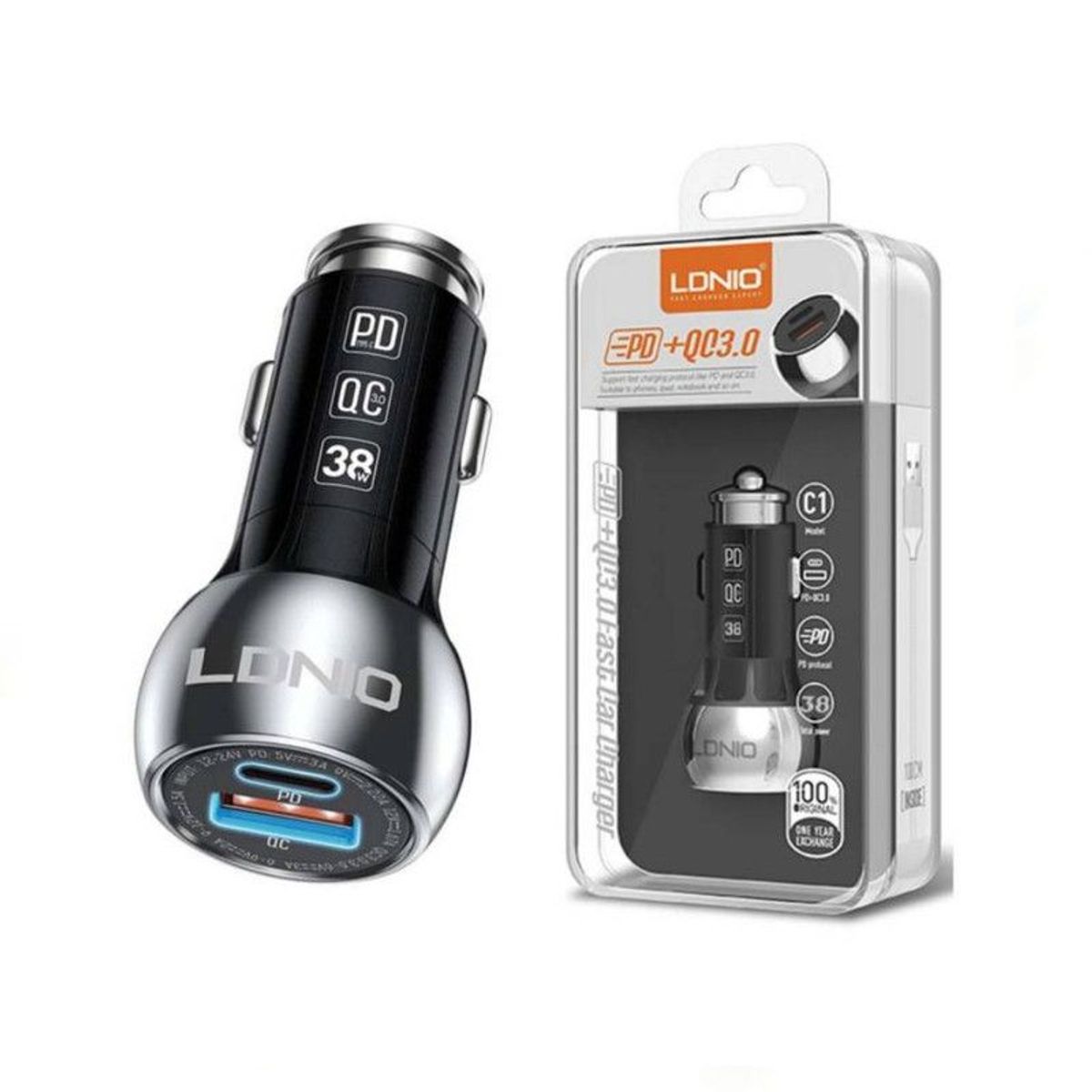 LDNIO - Cargador de Auto LDNIO 30 Usb 38W + Cable Usb A Tipo C