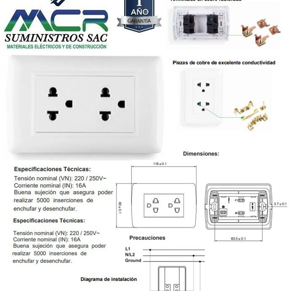 GENERICO - Tomacorriente Doble P/T 10 unidades