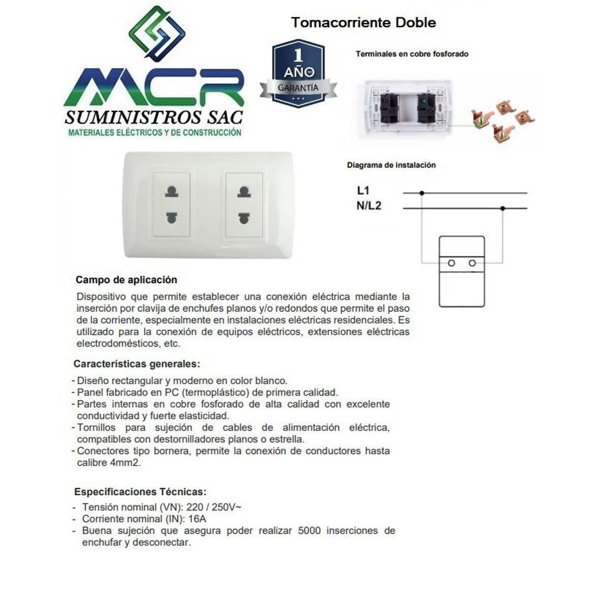 GENERICO - Tomacorriente Doble Universal x 2und