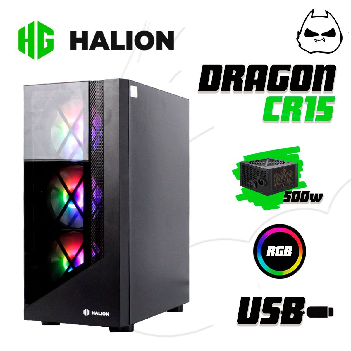 HALION - Case Gamer Halion Dragon CR15 Black 500W 4X12 Rainbow Vidrio
