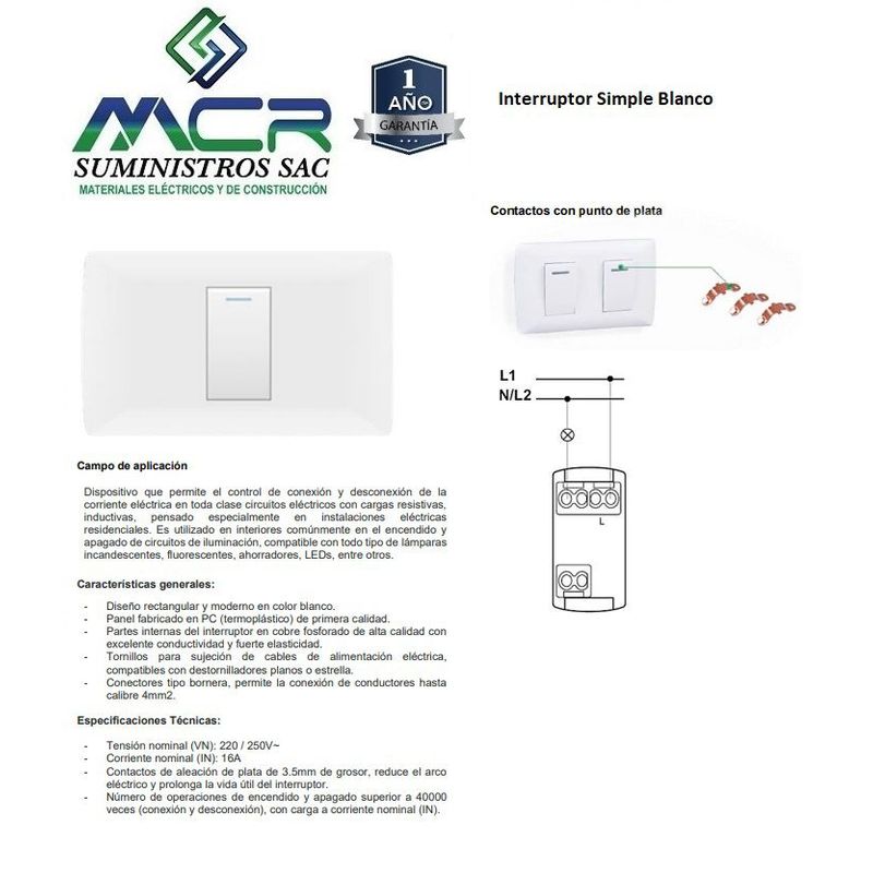 GENERICO - INTERRUPTOR SIMPLE  BLANCO 1 POLO
